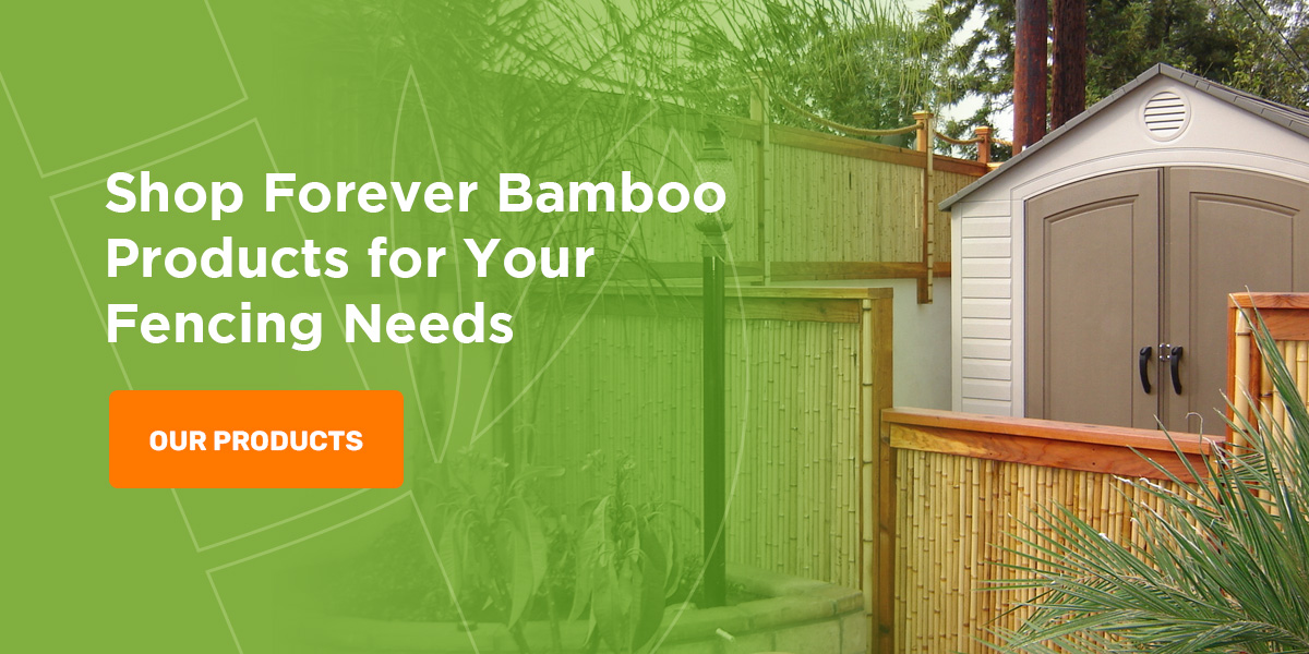 a bamboo fence behind a shed with the words shop forever bamboo products for your fencing needs